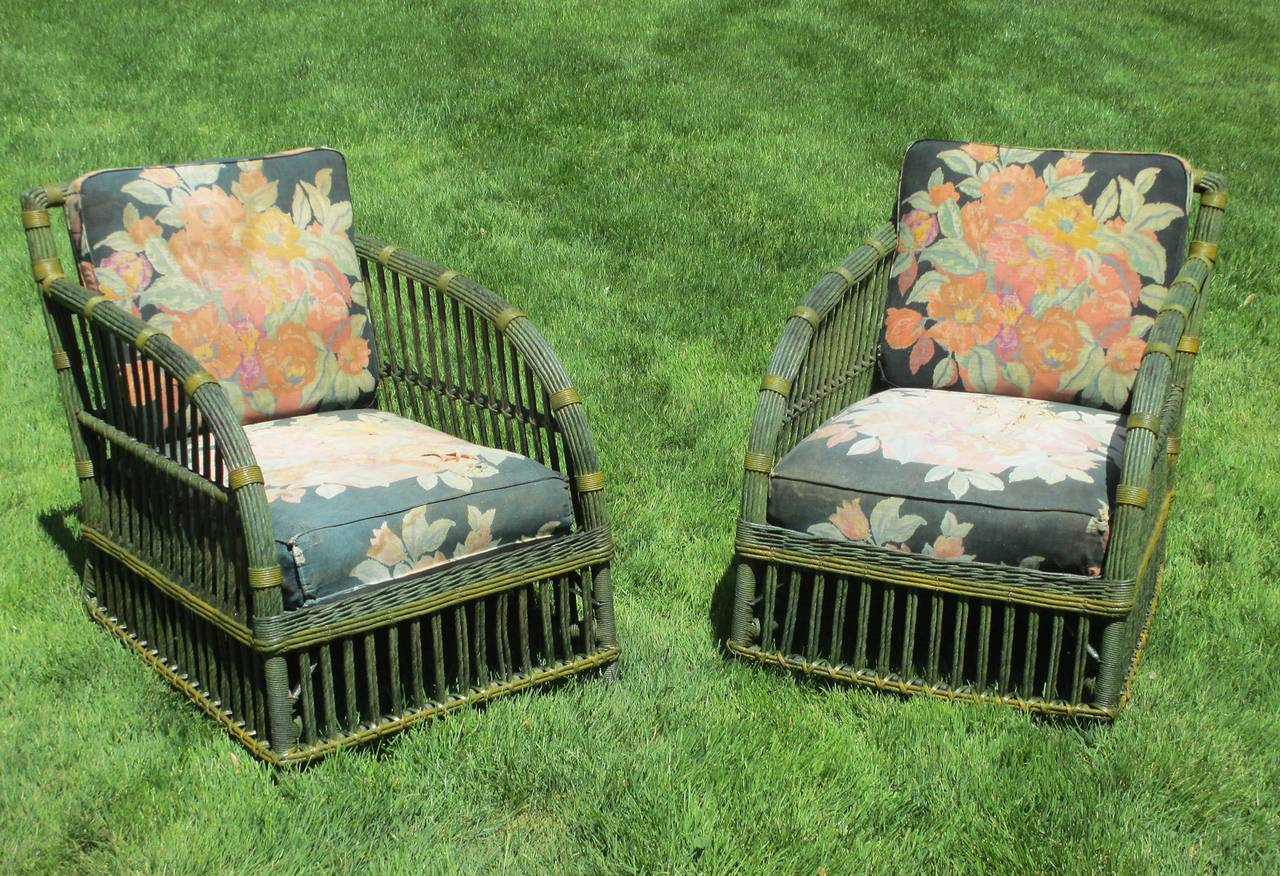 American Matching Pair Stick Wicker Club Chairs For Sale