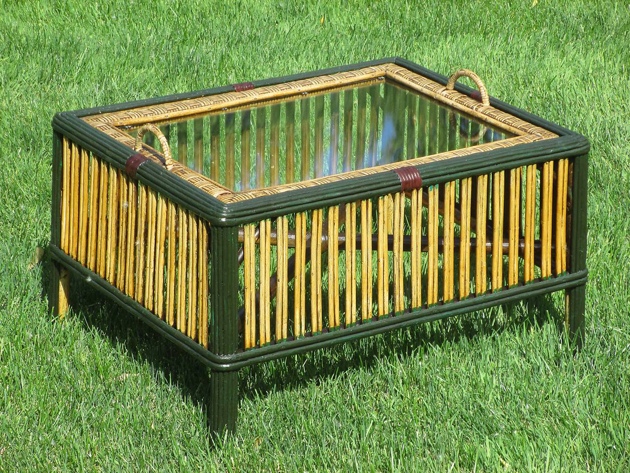 Unusual rectangular Stick Wicker coffee table with removable woven framed  glass tray.  Closely paired vertical reeds in a honey-toned finish bordered in dark green painted trim with burgundy colored decorative cane-wrappings.  Tray is removable for