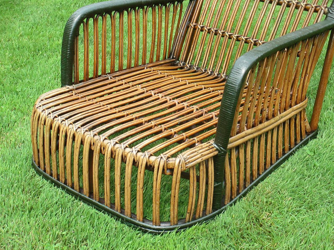 Stick Wicker Armchair and Ottoman In Excellent Condition In Sheffield, MA