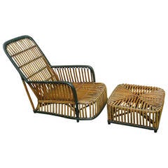Antique Stick Wicker Armchair and Ottoman