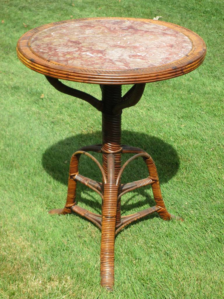 Victorian Rare Early Rattan Pedestal Marble-Top Table For Sale
