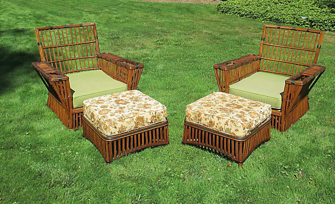 American Matching Pair of Stick Wicker Armchairs and Ottomans For Sale