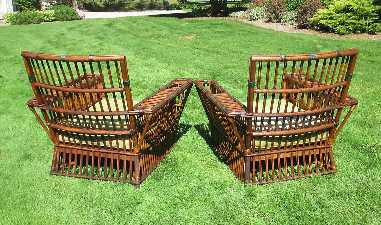 Matching Pair of Stick Wicker Armchairs and Ottomans In Excellent Condition For Sale In Sheffield, MA