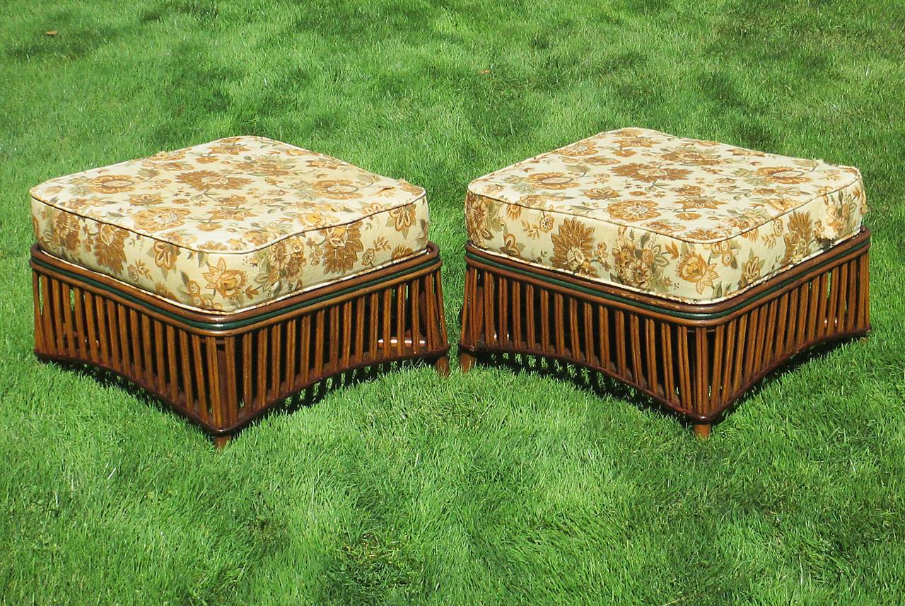Matching Pair of Stick Wicker Armchairs and Ottomans For Sale 1