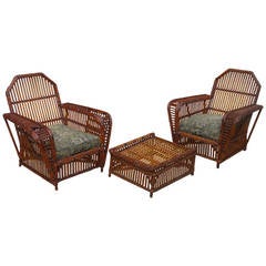 Antique Matching Pair Stick Wicker Armchairs with Ottoman