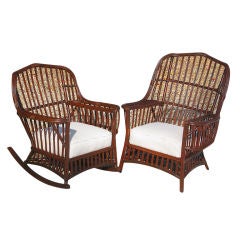 Antique Pair Stick Wicker Armchair/Rocker