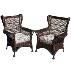 Antique Pair Bar Harbor Wicker Wingback Armchairs