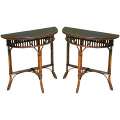 Pair Stick Wicker Demi-Lune Tables