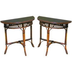 Pair Stick Wicker Demi-Lune Tables