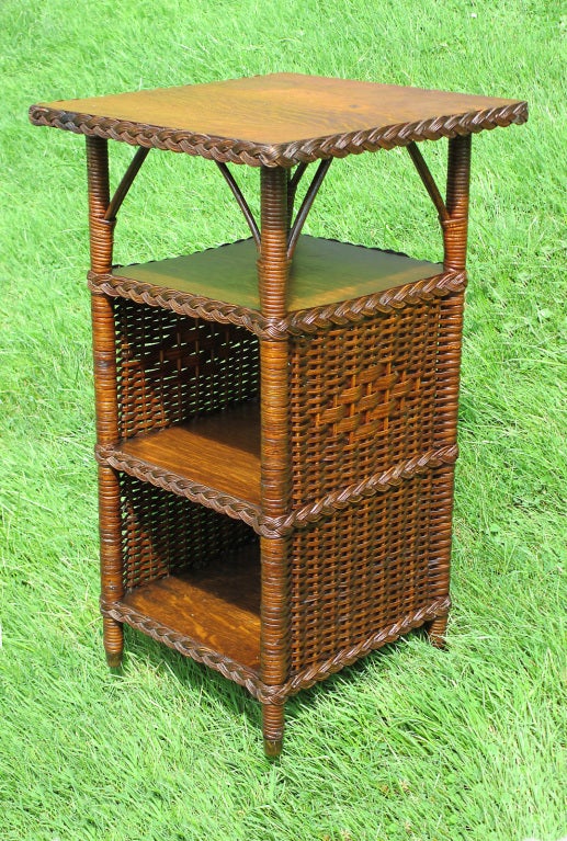 Art Deco wicker end table in natural stained finish. 16.5