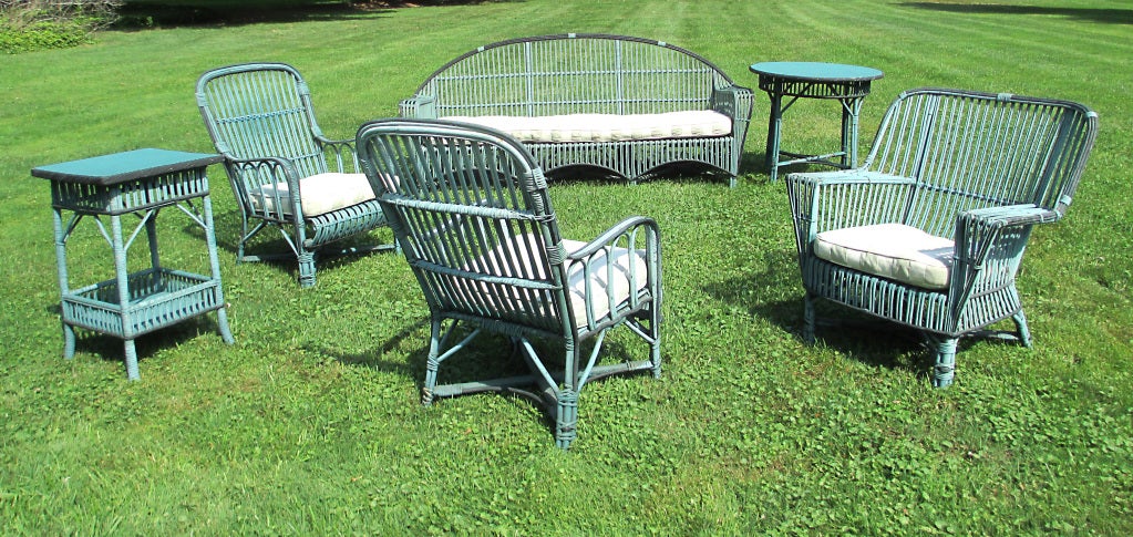 Six-piece Stick Wicker suite in nicely faded original two-toned painted finish. Exceptionally long (81