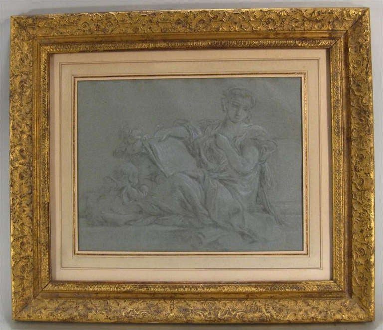 Italian or French School Chalk Drawing of a seated classical figure with putti on blue paper and gold gilt frame.  Actual drawing measures 10 x 13.