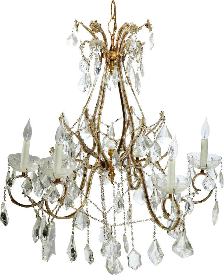 6 arm vintage Italian beaded and hanging crystal chandelier.  Can be used in neoclassical, empire, just about any style decor.