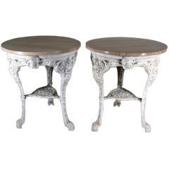 Vintage Pair of White Painted Metal Marble Top Side Tables