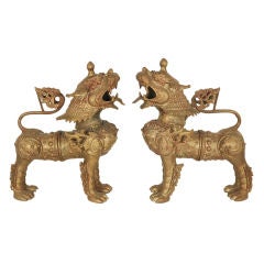 Pair of Cast Bronze Asian Fu Lions