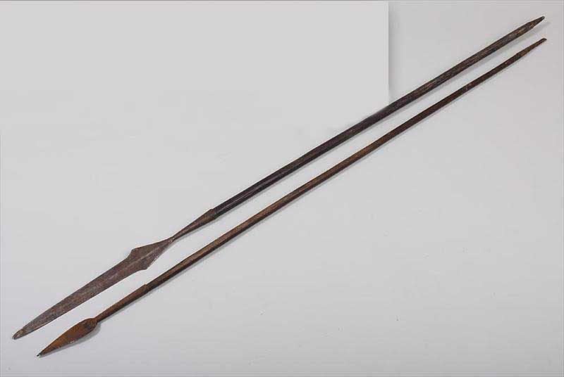 Pair of 2 spears or lances:  African Kuba spear and possibly Barana Piercing spears.