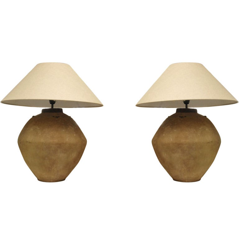 Rustic and stylish earthen ware/pottery lamp base with linen lamp shade.   Lamp and shade can be sold separately.  $1100  for the lamp, $250 for the shade.