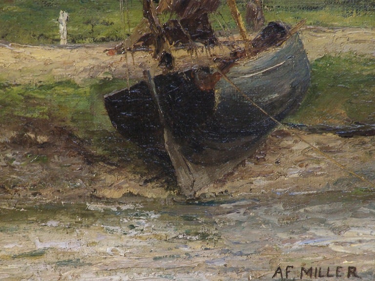 Oil Painting of A Fishing Boat Hauled on Shore by AF Miller In Excellent Condition In Great Barrington, MA