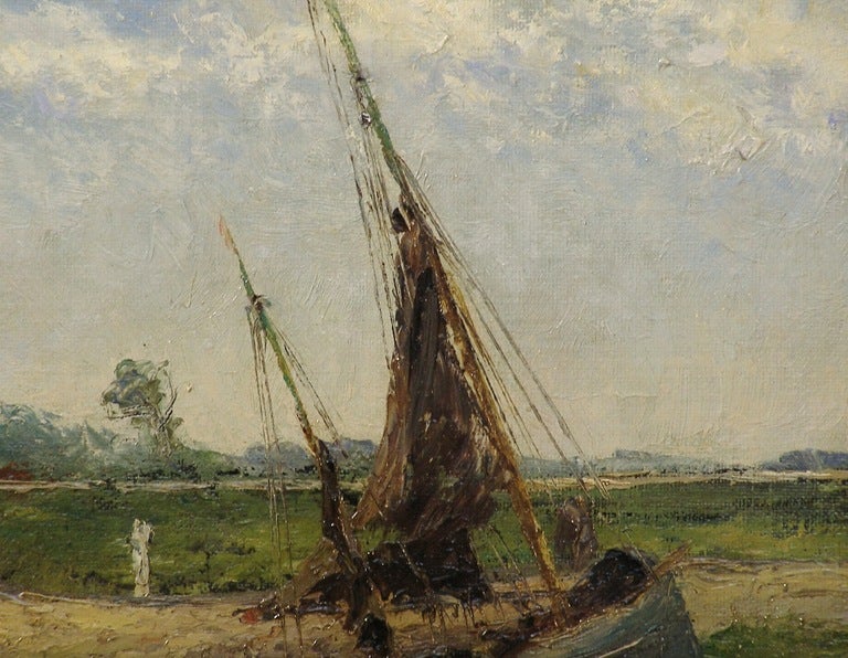 Unknown Oil Painting of A Fishing Boat Hauled on Shore by AF Miller