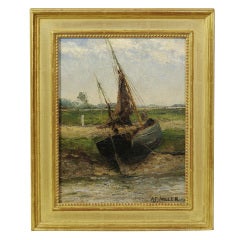 Oil Painting of A Fishing Boat Hauled on Shore by AF Miller