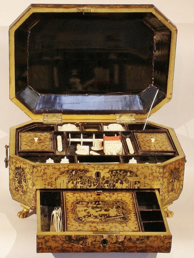 A very nice example in a relatively good original state for lacquer from the 19th Century. A similar example but in far worse condition is in the Portland, Maine Museum of Art. Most of the original sewing implements accompany the box such as