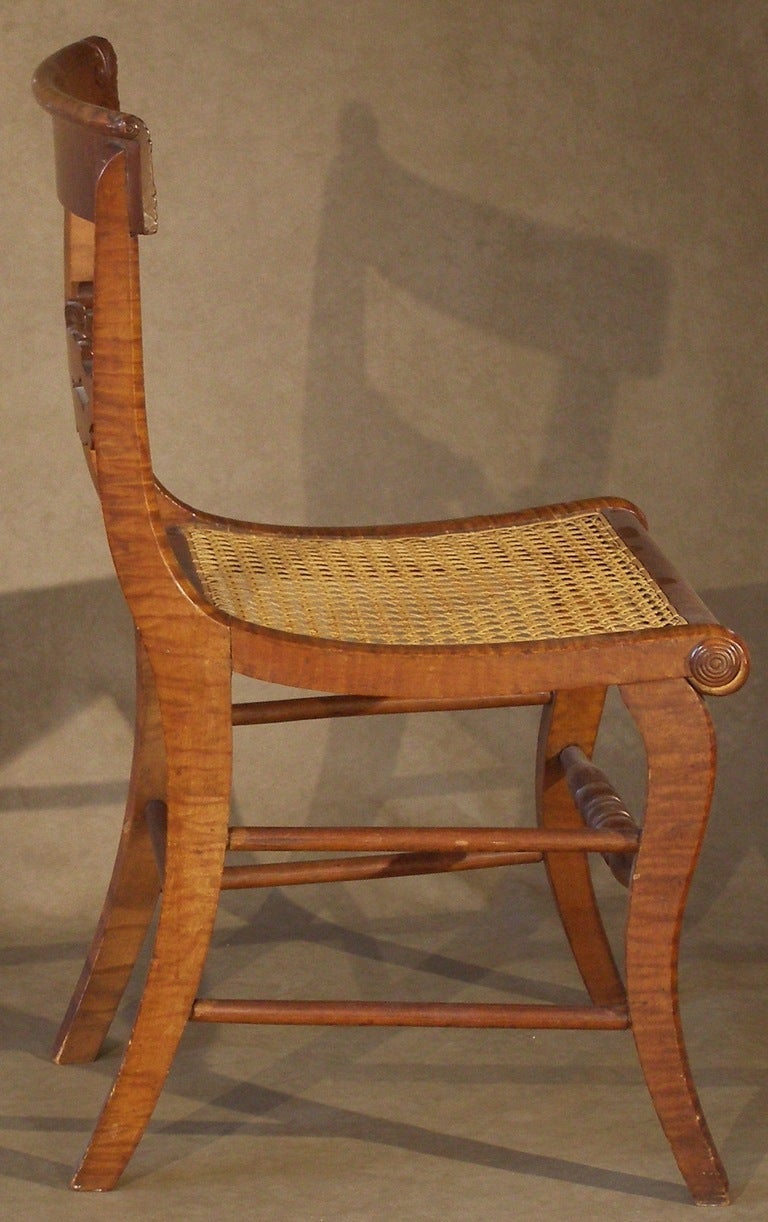Two Pairs of American Tiger Maple Neoclassical Side Chairs, Ca. 1820 1