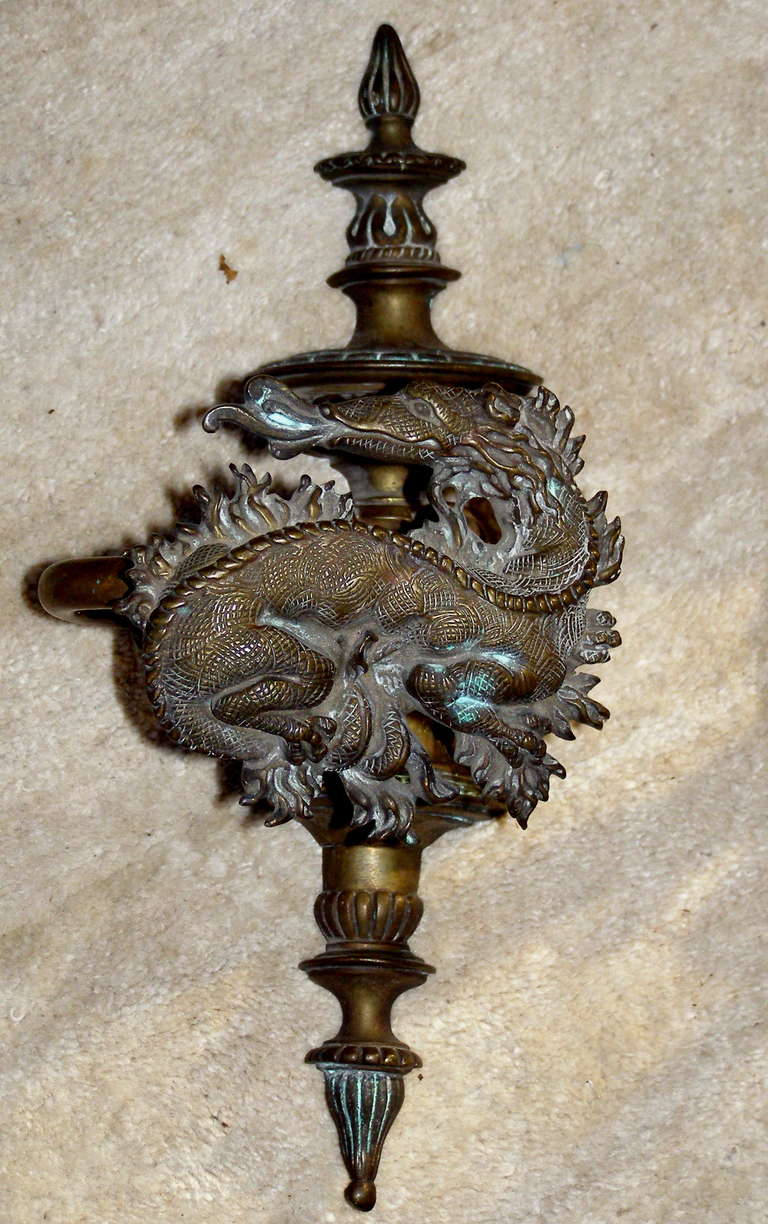 Large Pair of French Bronze Dragon Motif Curtain Tie Backs by Dromard In Excellent Condition In Great Barrington, MA