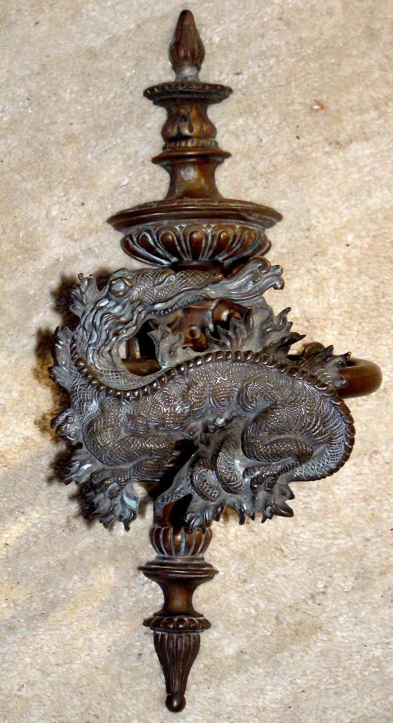 19th Century Large Pair of French Bronze Dragon Motif Curtain Tie Backs by Dromard