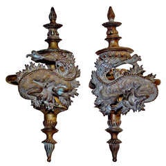 Antique Large Pair of French Bronze Dragon Motif Curtain Tie Backs by Dromard