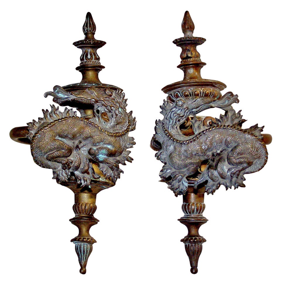 Large Pair of French Bronze Dragon Motif Curtain Tie Backs by Dromard
