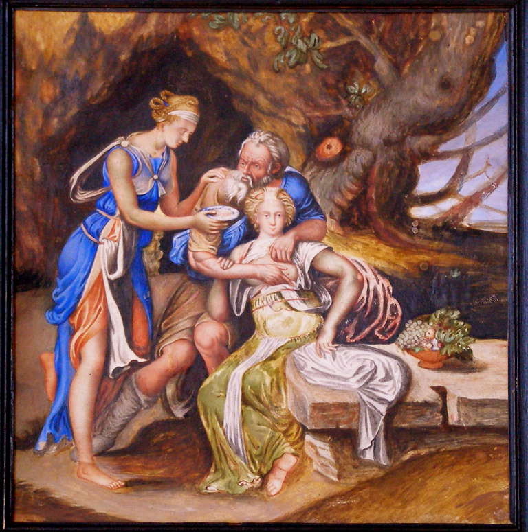 A bright and clear heavy bodied water color or gouache painting on vellum that probably dates from 16th Century . The image is based on the biblical story of Lot and his daughters after they had fled the city of Sodom and I am told it is based on