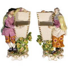 Antique Pr. of 19th Century Chelsea/Derby Style French Porcelain Figures of Food Mongers
