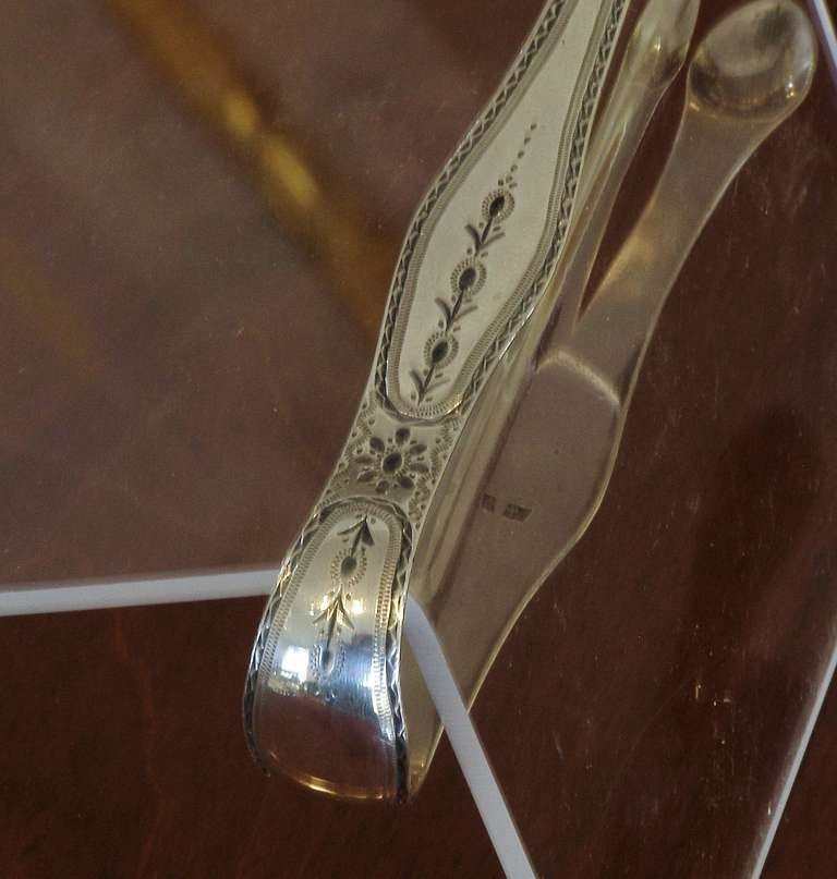 Neoclassical English Sterling Silver Engraved Sugar Tongs, London Late 18th Century