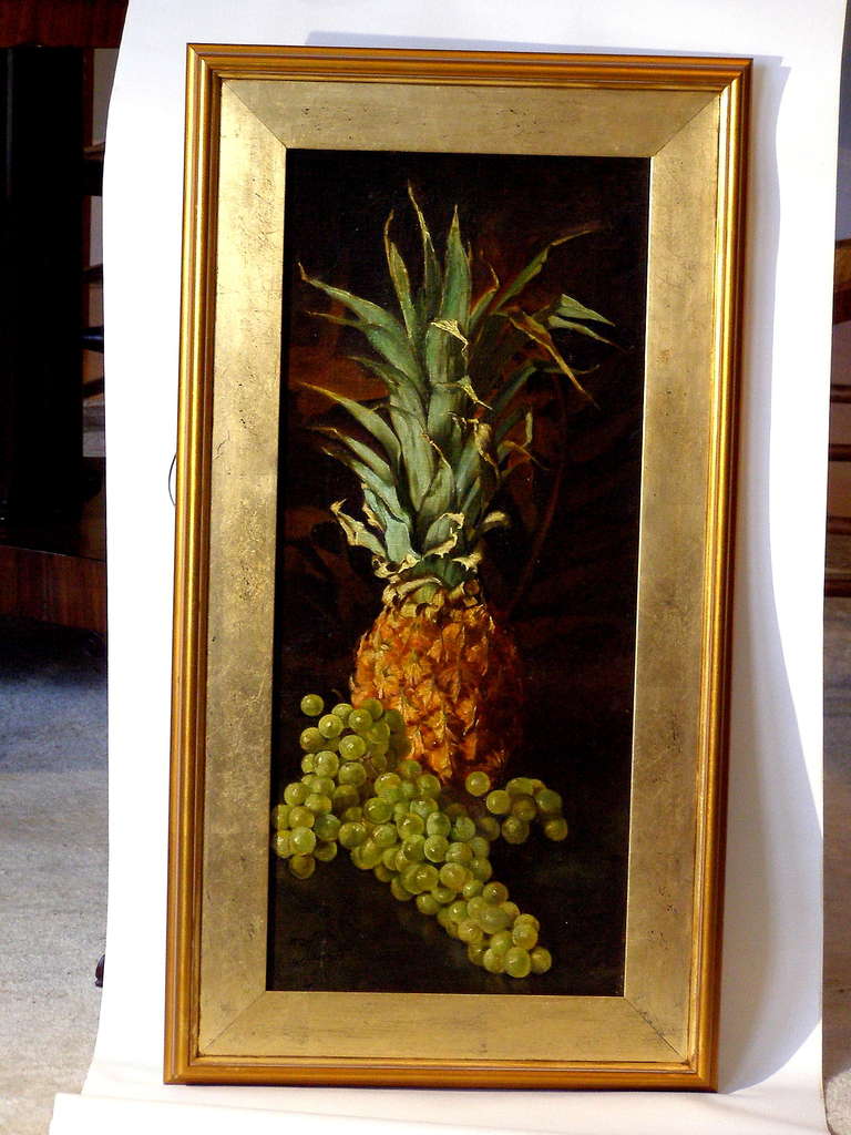 A well painted still life of a pineapple with grapes signed by Rhode Island Artist William Homer Leavitt. (born 1868, Scituate, Mass - died Newport, RI 1951). Leavitt moved to Newport in 1880 where he became a noted society portrait painter