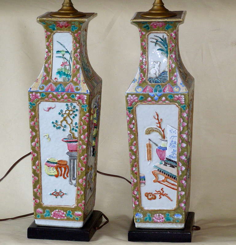 Pair Chinese Export Famille Rose Porcelain Vases Converted to Lamps, ca. 1850 In Excellent Condition In Great Barrington, MA