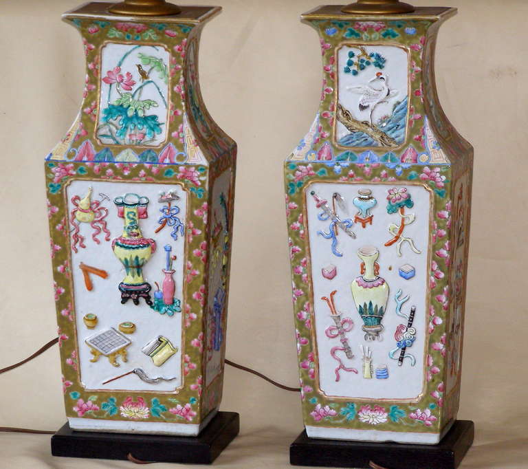 19th Century Pair Chinese Export Famille Rose Porcelain Vases Converted to Lamps, ca. 1850