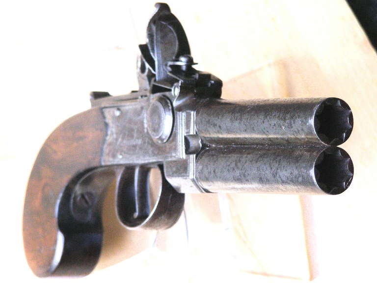 British Engraved English Flint Lock Double Barrel 45 Guage Pocket Pistol