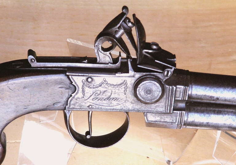 Engraved English Flint Lock Double Barrel 45 Guage Pocket Pistol In Good Condition In Great Barrington, MA