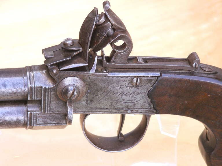 19th Century Engraved English Flint Lock Double Barrel 45 Guage Pocket Pistol