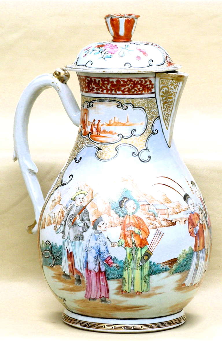 An extremely fine and rare Chinese Porcelain cider jug made for the Western market in the 3rd quarter of the 18th century. Aside from the colorful and well delineated depiction of Mandarin subjects in an extensive landscape, there are also two