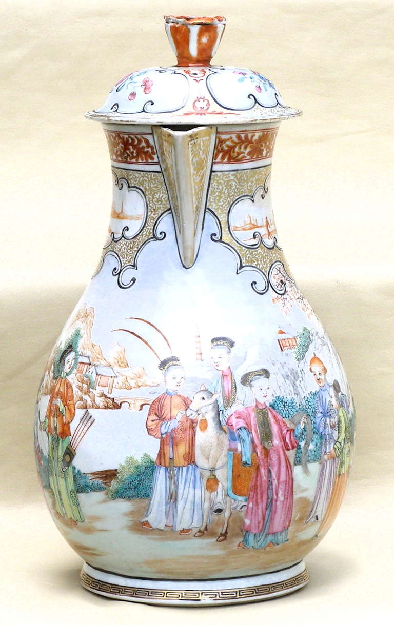 Rococo Enormous 18th Century Chinese Export Mandarin Porcelain Cider Jug