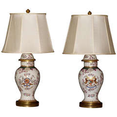 Matched Pair of French Porcelain Lamps in the Chinese Export Armorial Style