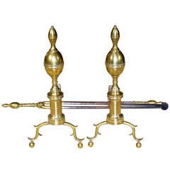 Large Pair American Federal Period Brass Andirons With Tools