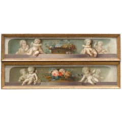 Pair of Narrow Baroque European Oil Paintings of Putti With Flowers