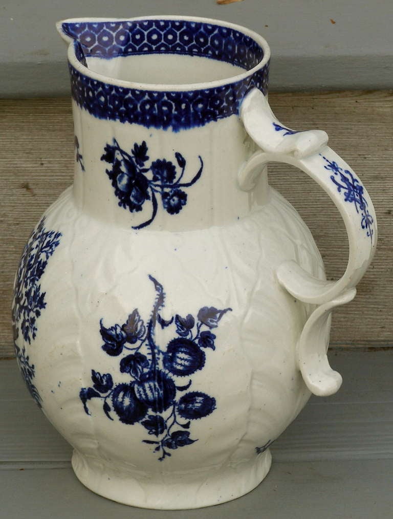 English Worcester Blue and White Parrot and Fruit Decorated Jug ca. 1770