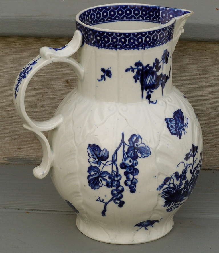 Worcester Blue and White Parrot and Fruit Decorated Jug ca. 1770 In Excellent Condition In Great Barrington, MA