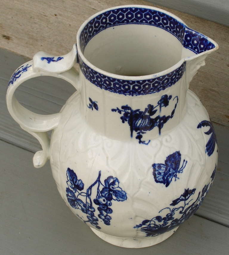 18th Century and Earlier Worcester Blue and White Parrot and Fruit Decorated Jug ca. 1770