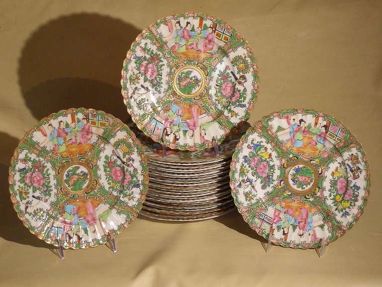 One Dozen 19th Century Fluted Chinese Export Rose Medallion Porcelain Plates