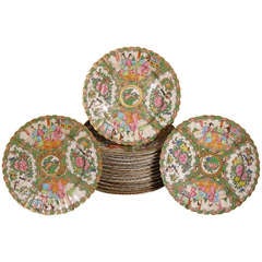 One Dozen 19th Century Fluted Chinese Export Rose Medallion Porcelain Plates