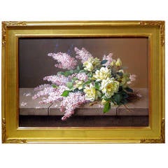 Antique Floral Still Life Painting of Roses and Lilacs by Raoul De Longpre